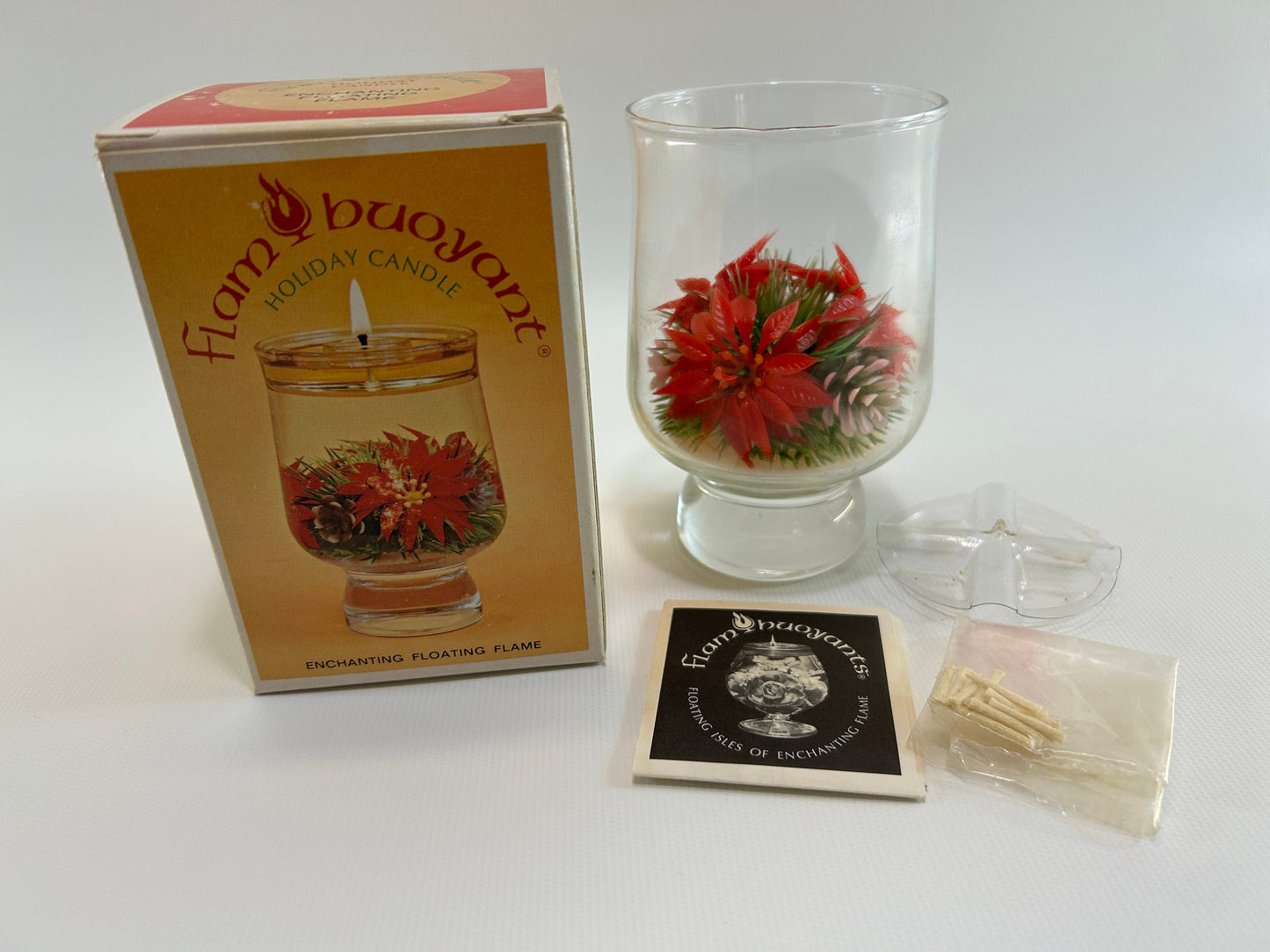 Retro Christmas Flame Buoyant Floating Candle Table Top Holiday Home Decor Clear Glass Red Plastic Poinsettias and Foliage