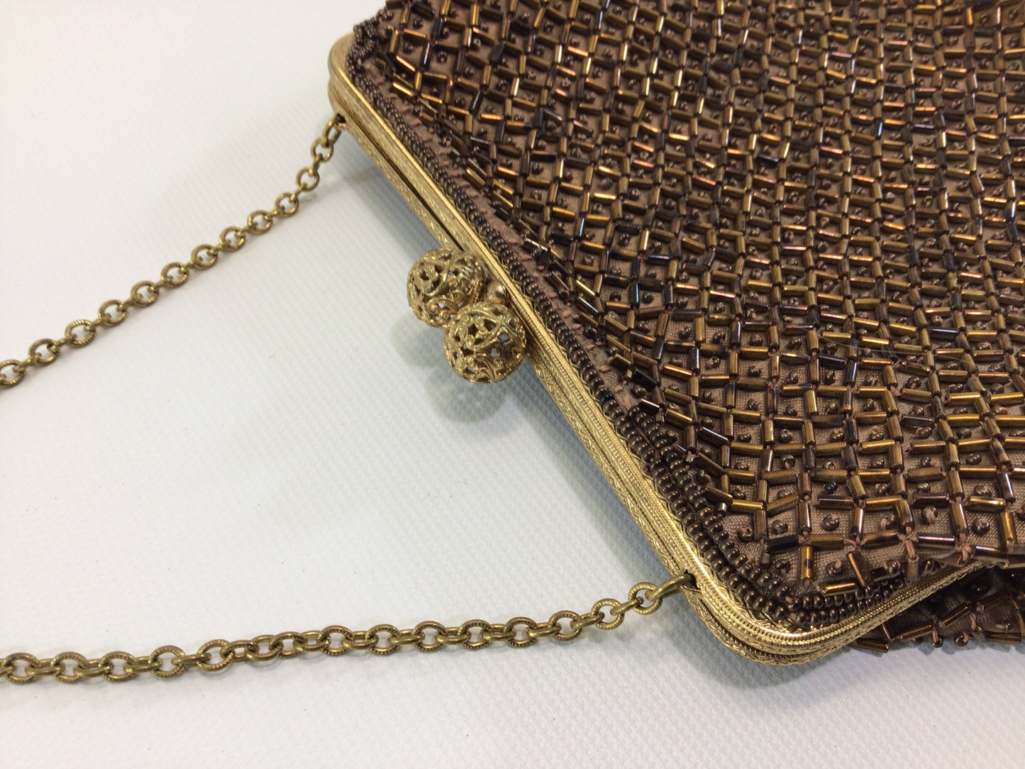 Vintage Beaded Gold Clutch Bag Purse Mid Century De Ville Creation Fashion Accessory Chain Top Handle Kiss Lock Design