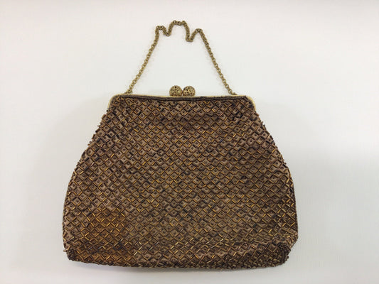 Vintage Beaded Gold Clutch Bag Purse Mid Century De Ville Creation Fashion Accessory Chain Top Handle Kiss Lock Design