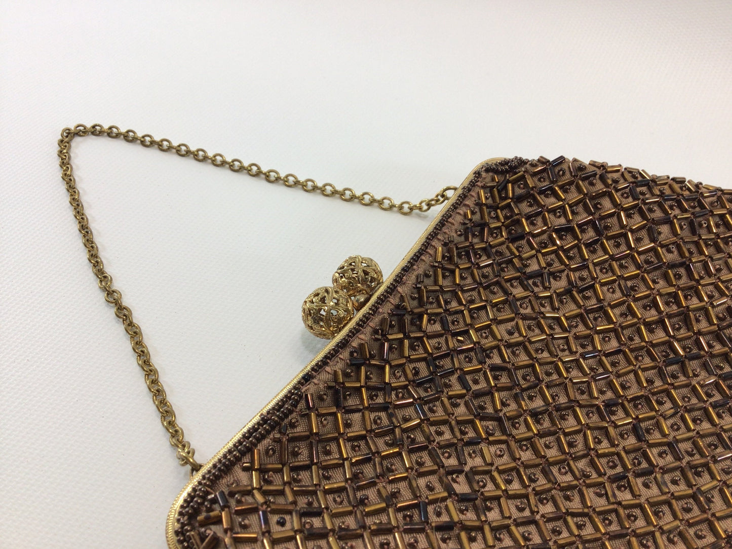 Vintage Beaded Gold Clutch Bag Purse Mid Century De Ville Creation Fashion Accessory Chain Top Handle Kiss Lock Design