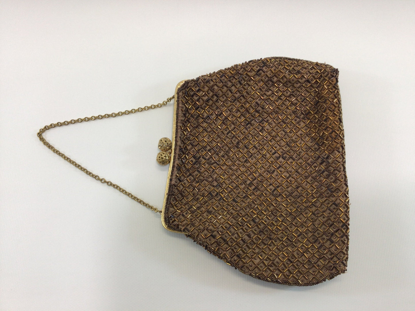 Vintage Beaded Gold Clutch Bag Purse Mid Century De Ville Creation Fashion Accessory Chain Top Handle Kiss Lock Design