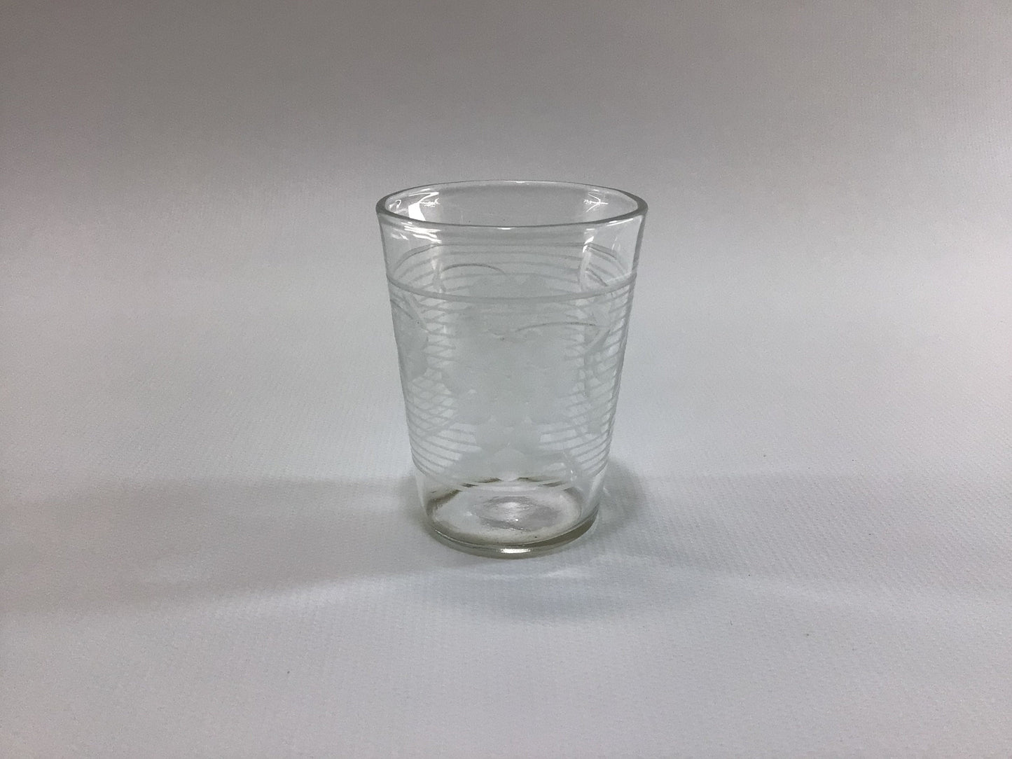 Antique Shot Glass Etched Grapes and Horizontal Lines Pattern Clear Glass Collectible Barware