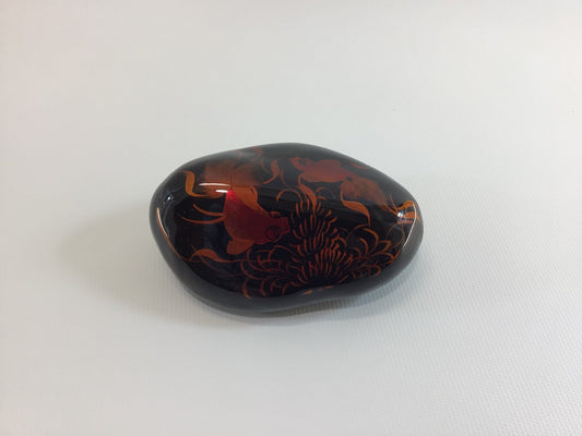 Vintage Koi Stone Yin and Yang Paperweight Dotasco Hand Painted Orange Fish Black Lacquered Office Desk Home Decor