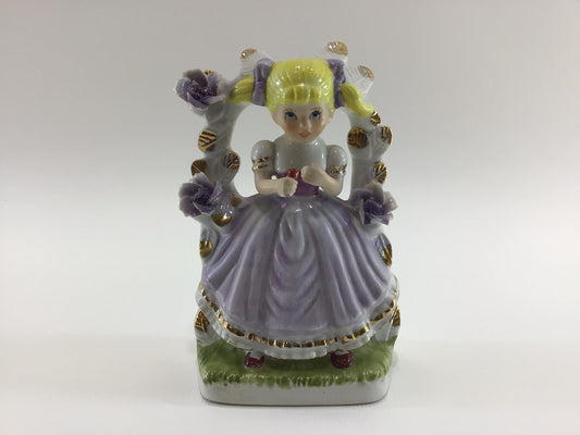 Vintage Ceramic Flower Girl Figurine Purple Dress and Flowers with Gold Gilt Kitschy Cute Collectible Home Decor