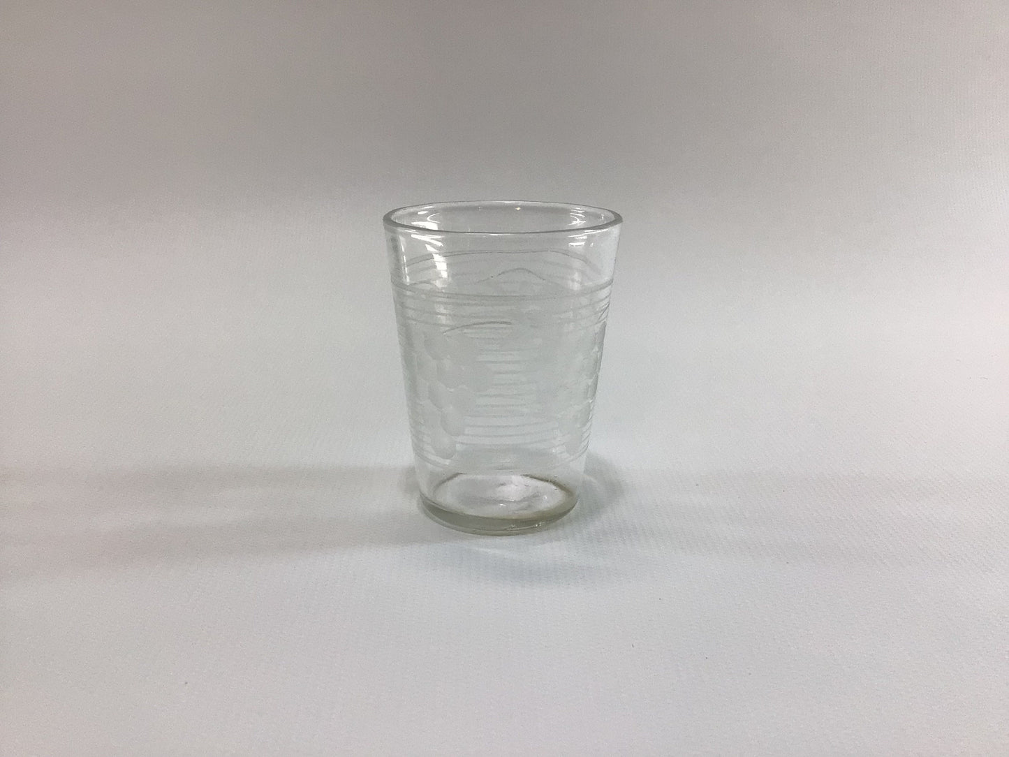 Antique Shot Glass Etched Grapes and Horizontal Lines Pattern Clear Glass Collectible Barware