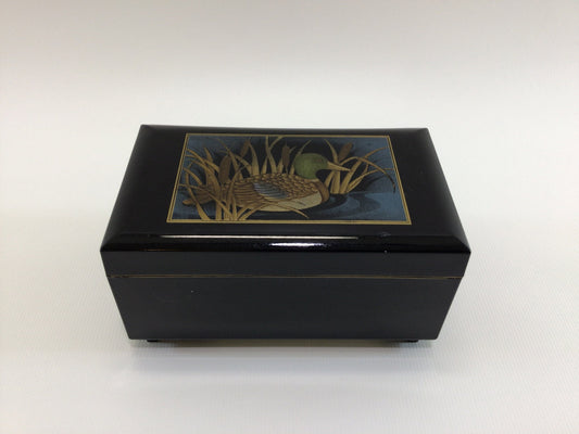 Black Lacquer Music Trinket Box Golden Mallard Duck Motif Otagiri Made in Japan Vintage Vanity Decor
