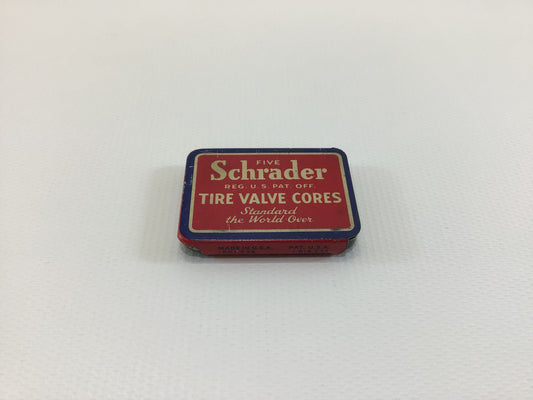 Schrader Tire Valve Cores Container Vintage Tin Litho Advertising Garage Mantiques with 5 Valves