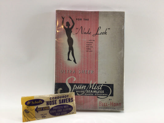 Vintage Spun Mist Seamless Nylon Elastic Stockings and Dr Scholl's Corduroy Hose Savers Mid Century Collectible Advertising Ephemera