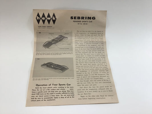 Hawk Model Co Sebring Powered Sports Car Instructions 1960's Kit No 638-50 Vintage Toy Race Car Ephemera