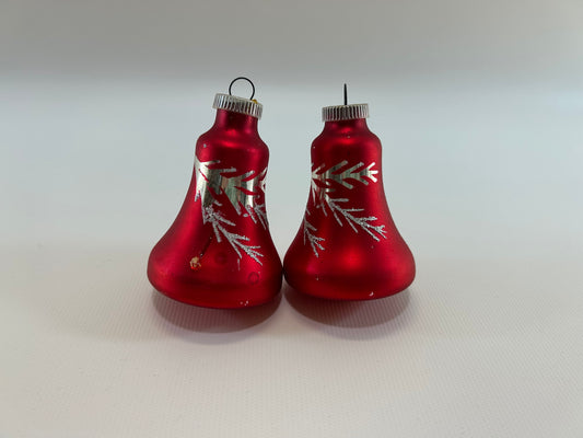 Vintage Matte Red Bell Christmas Ornaments West Germany 2 3/4" Tall Silver Glitter Pine Needles Clear Hangers Stenciled Holiday Decoration