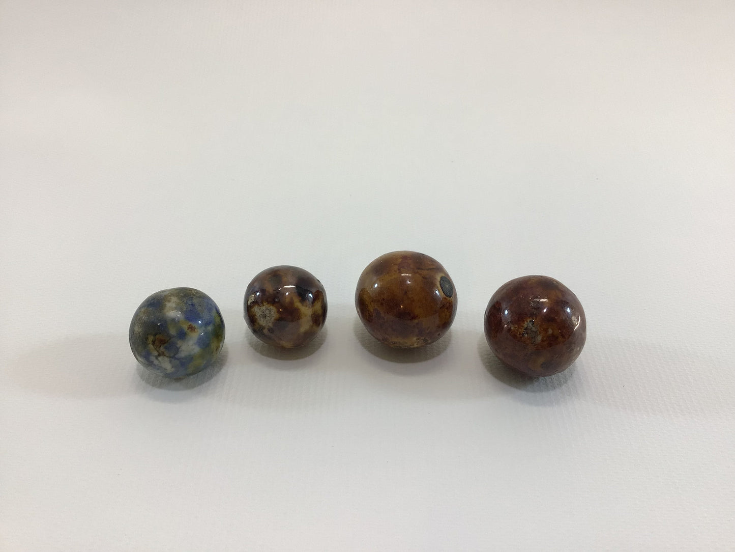 Clay Bennington Marbles Lot of 4 Brown and Blue Antique Primitive Handmade Toy Game Pieces