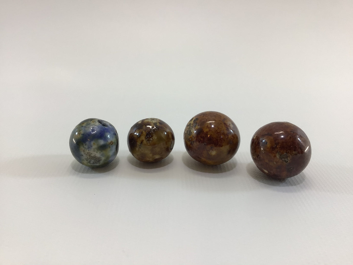 Clay Bennington Marbles Lot of 4 Brown and Blue Antique Primitive Handmade Toy Game Pieces