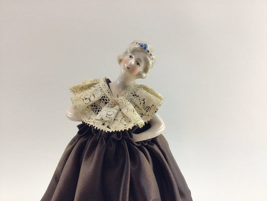 7" Wire Frame Porcelain Half Doll Blonde Updo Hairstyle in Brown Satin Dress Vintage Vanity Home Decor