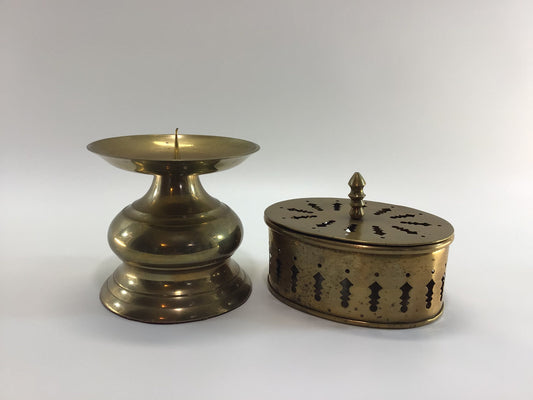 Brass Trinket Box and Pillar Candle Holder Vintage Made in India Home Decor