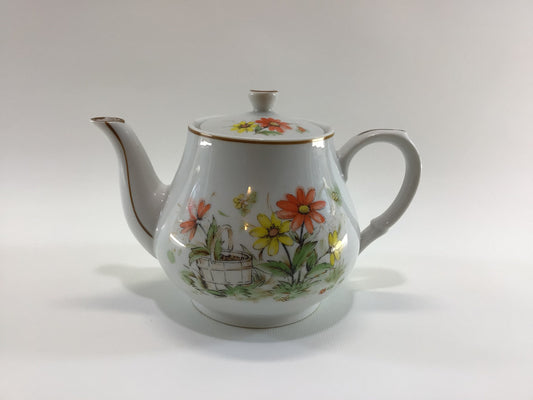 Teapot White Ceramic with Transferware Summer Floral Design Motif Vintage Made in Japan Housewares Home Decor