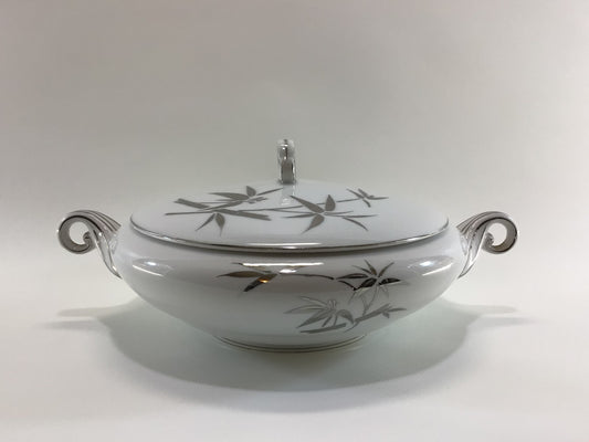 Mid Century Covered 9" Serving Dish White Ceramic Platinum Bamboo with Leaves Pattern Vintage Aladdin Fine China Made in Japan