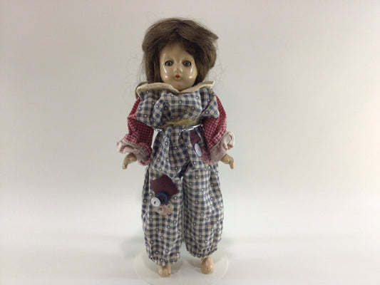 Sleepy Eye Composition Doll Vintage Toy in Handmade Blue and Red Checkered Romper Suit Outfit