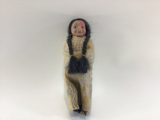 Native American Skookum Doll Vintage Celluloid Souvenir Toy wearing Dyed Felt Blanket