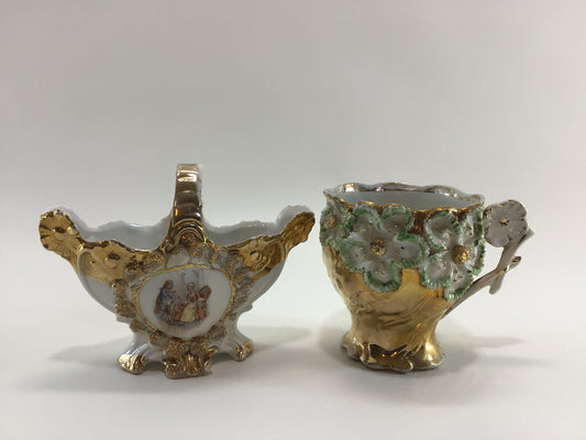 Porcelain Ceramic Vase and Teacup Applied Transferware Gold Gilt with Hand Painted Accents Collectible Victorian Home Decor