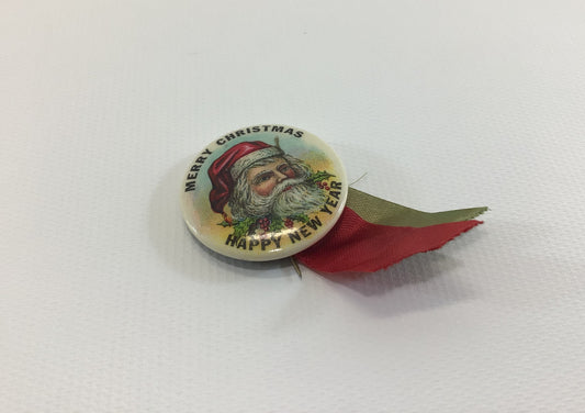 Celluloid Pinback Button Vintage Merry Christmas Happy New Year Collectible Toy Hat Lapel Pin