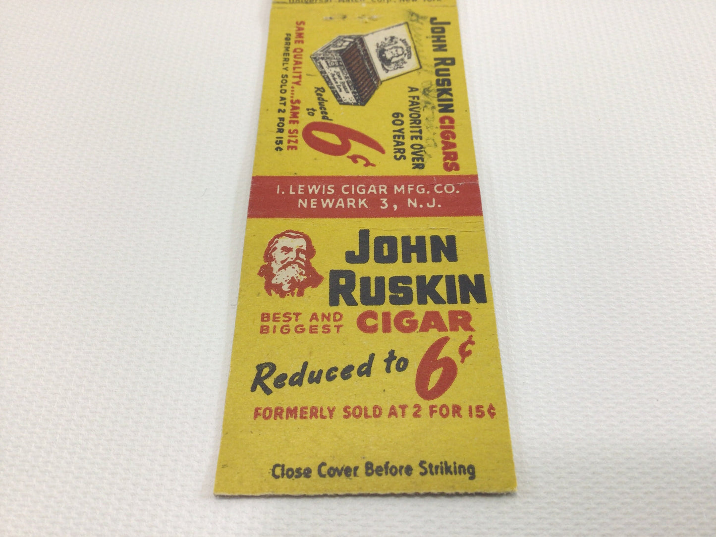 Matchbook Cover John Ruskin 6 Cent Cigar Collectible Vintage Advertising Ephemera