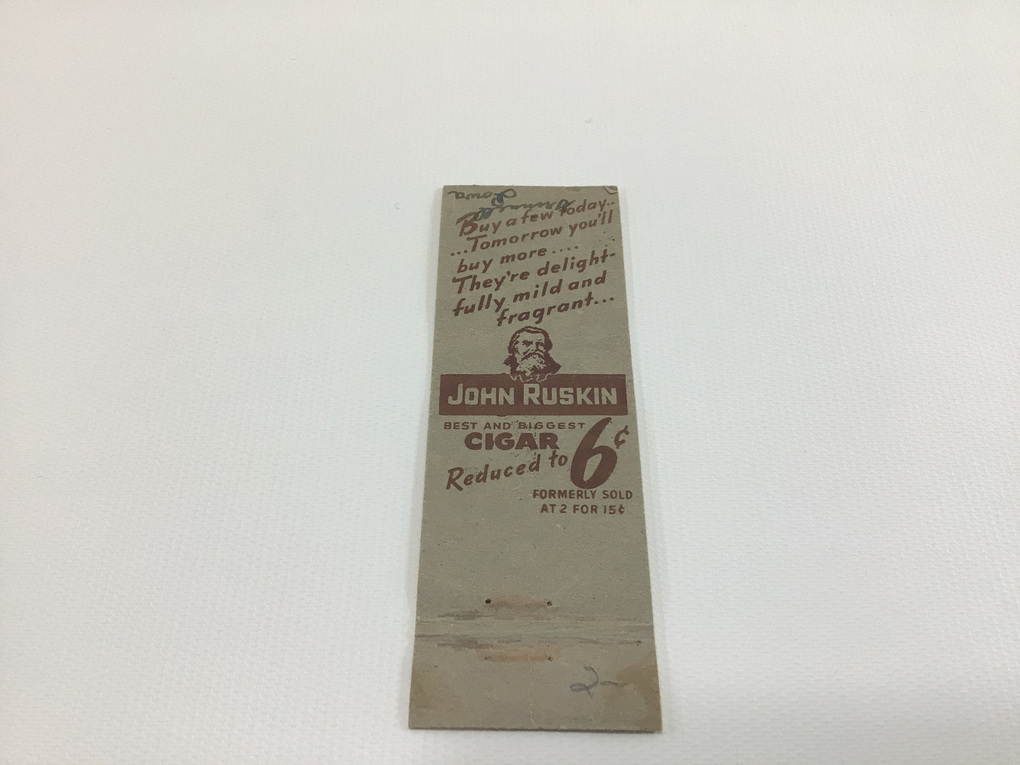 Matchbook Cover John Ruskin 6 Cent Cigar Collectible Vintage Advertising Ephemera