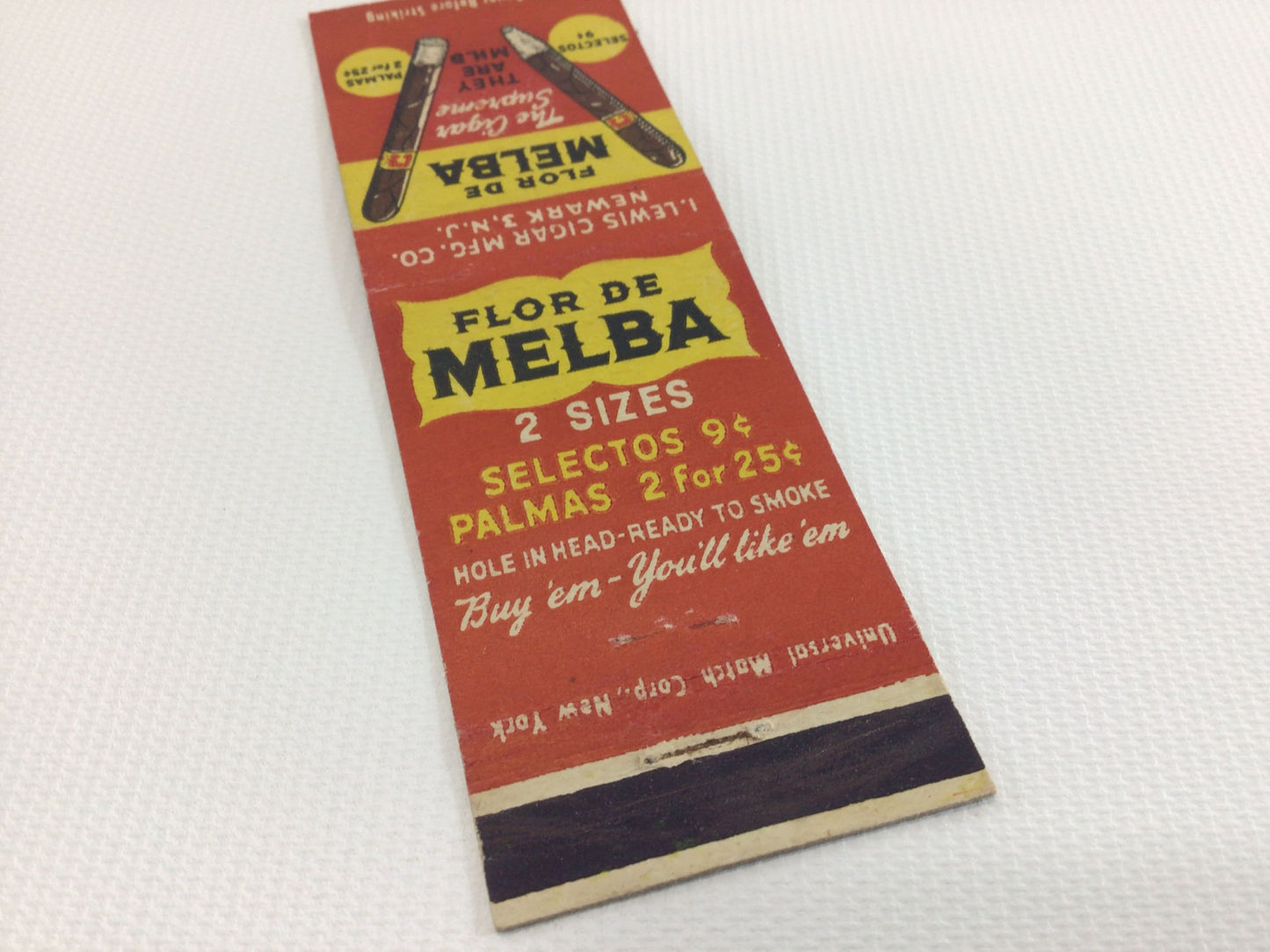 Matchbook Cover FLOR DE MELBA Cigars Newark Collectible Vintage Advertising Ephemera