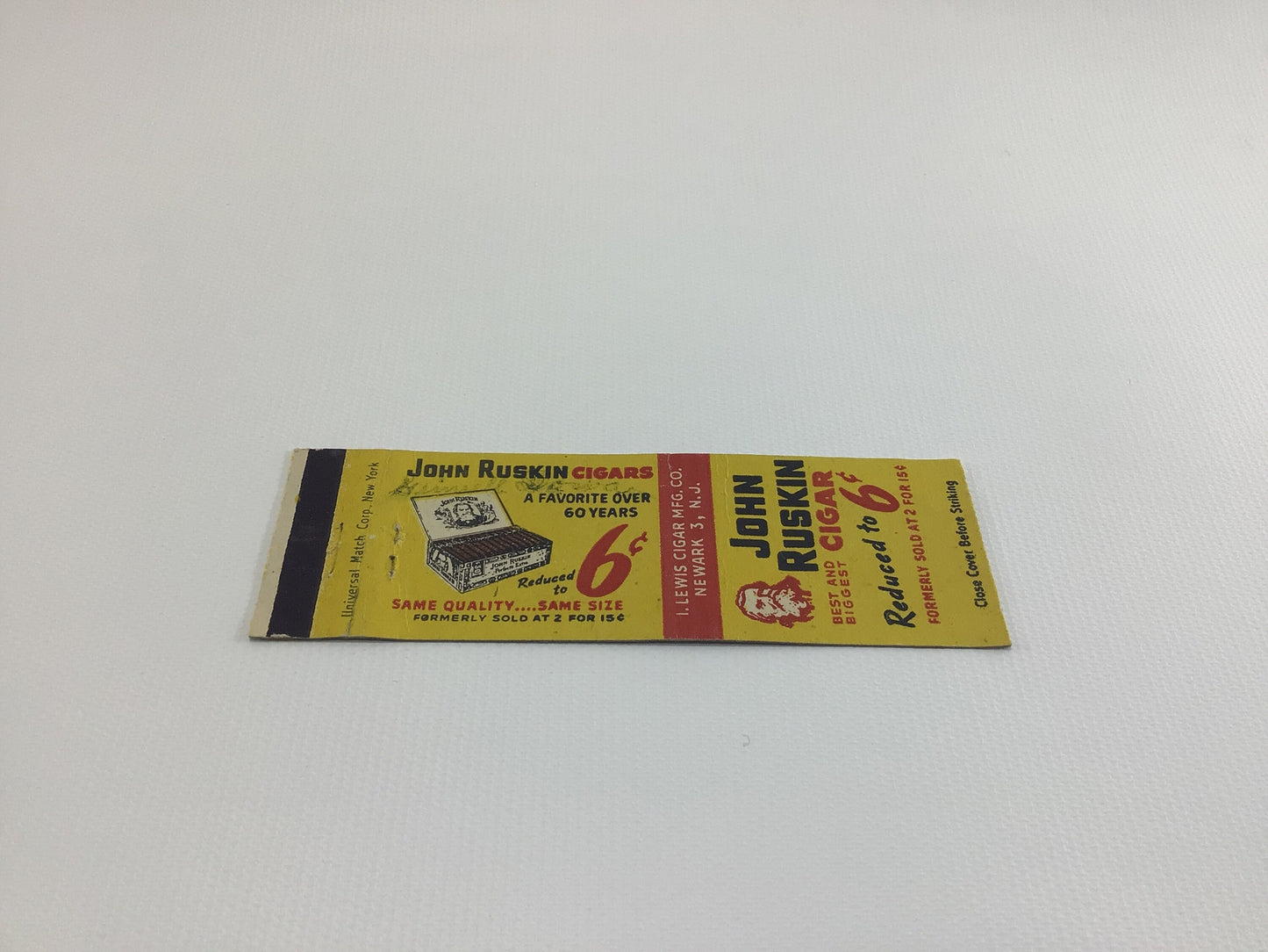 Matchbook Cover John Ruskin 6 Cent Cigar Collectible Vintage Advertising Ephemera