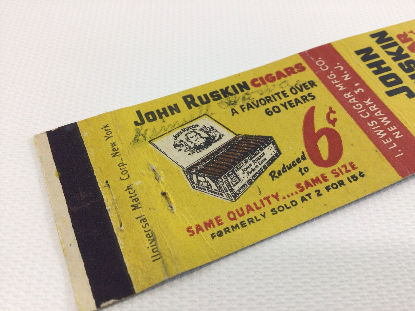 Matchbook Cover John Ruskin 6 Cent Cigar Collectible Vintage Advertising Ephemera