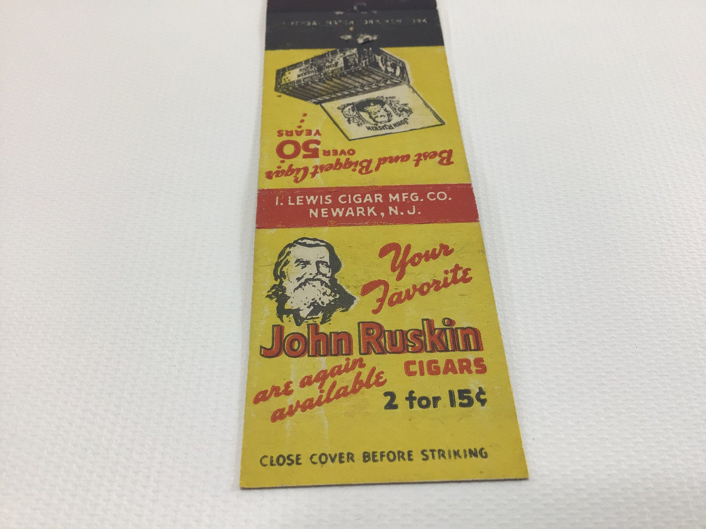 Matchbook Cover John Ruskin 2 for 15 Cigars Collectible Vintage Advertising Ephemera