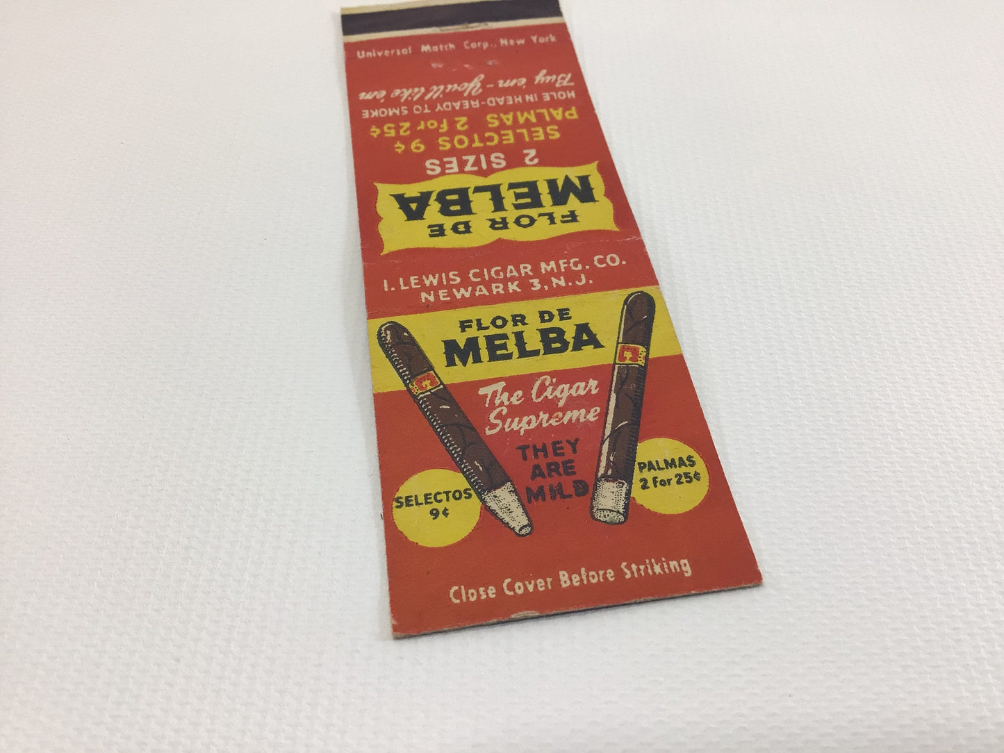 Matchbook Cover FLOR DE MELBA Cigars Newark Collectible Vintage Advertising Ephemera