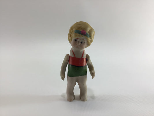 Bisque Ceramic Little Swimsuit Girl with Articulated Arms 1930s Vintage Miniature Toy Frozen Charlotte Style Doll Made in Japan