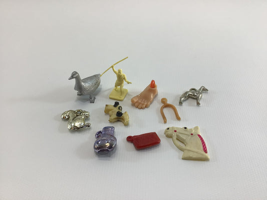 Gumball Machine Prizes Lot of 10 Hard Plastic Miniature Assorted Toys and Charms Vintage 1960s Wishbone Foot Drum Others