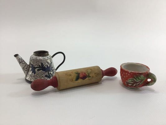 Small Assorted Lot of 3 Vintage Doll Dollhouse Kitchen Dining Toys Rolling Pin Teapot Coffee Cup